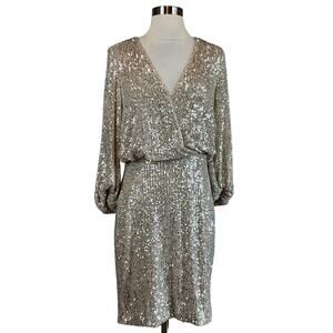 Eliza J Women's Cocktail Dress Size 8 Silver Sequined Long Sleeve Mini Sheath